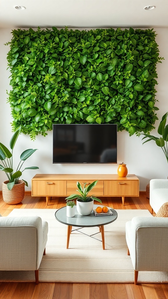 A living room featuring a lush green plant wall behind a mounted TV, with a wooden TV stand, a round coffee table, and comfortable chairs.