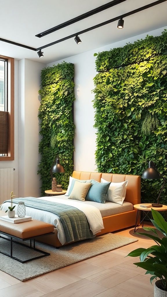 A cozy bedroom featuring lush green wall panels filled with various plants, creating a refreshing atmosphere.