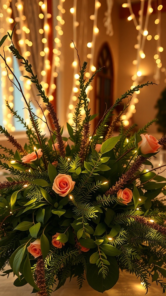 A lush floral centerpiece featuring greenery and soft pink roses, surrounded by glowing fairy lights.