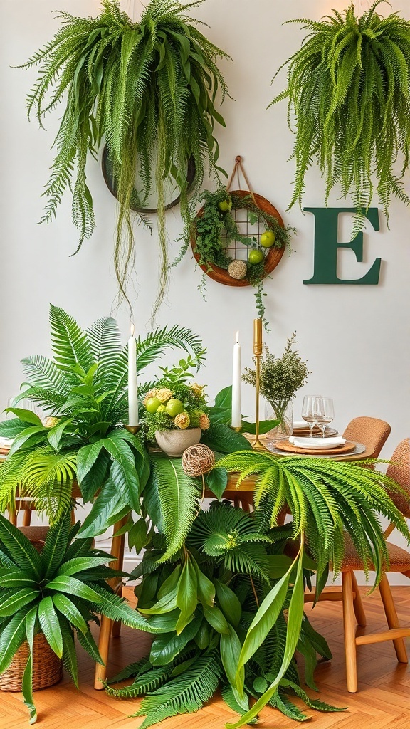 A beautifully arranged bridal shower table featuring lush greenery and foliage with candles and natural elements.
