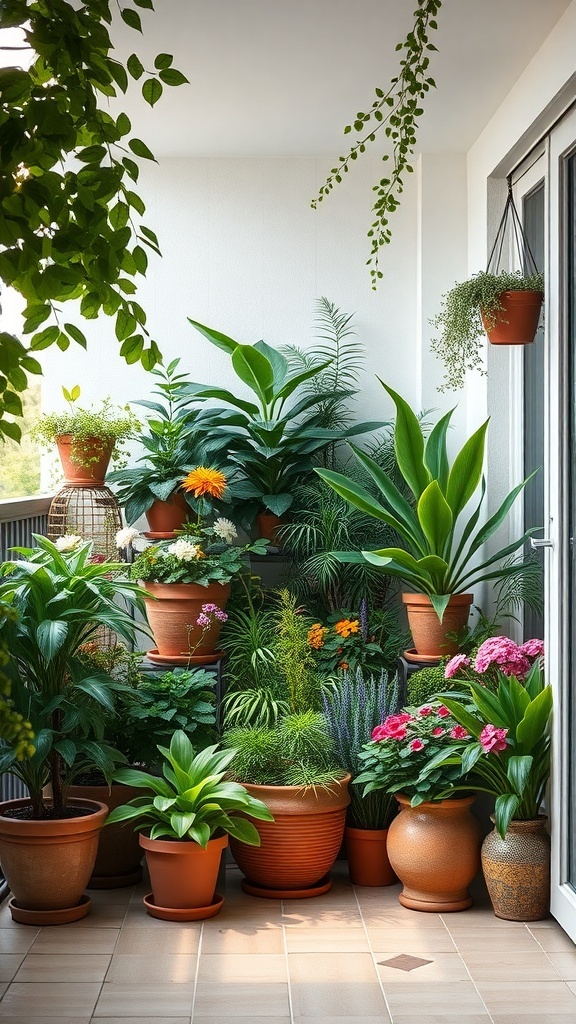 A cozy balcony filled with various potted plants and greenery.