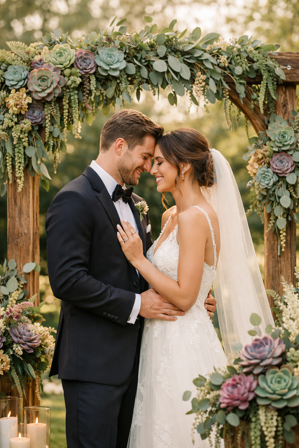 A couple smiling at each other under a wooden arch adorned with succulents and greenery.