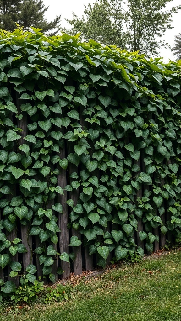A wooden fence covered with lush green leaves, creating a natural privacy barrier.