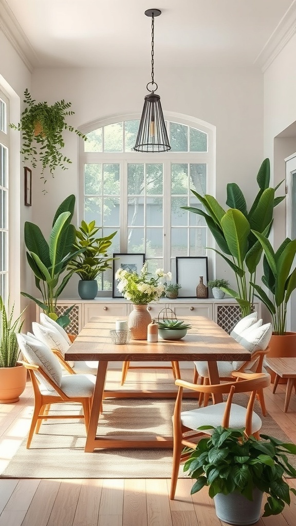A bright dining area with a wooden table surrounded by various plants, creating a fresh and inviting atmosphere.