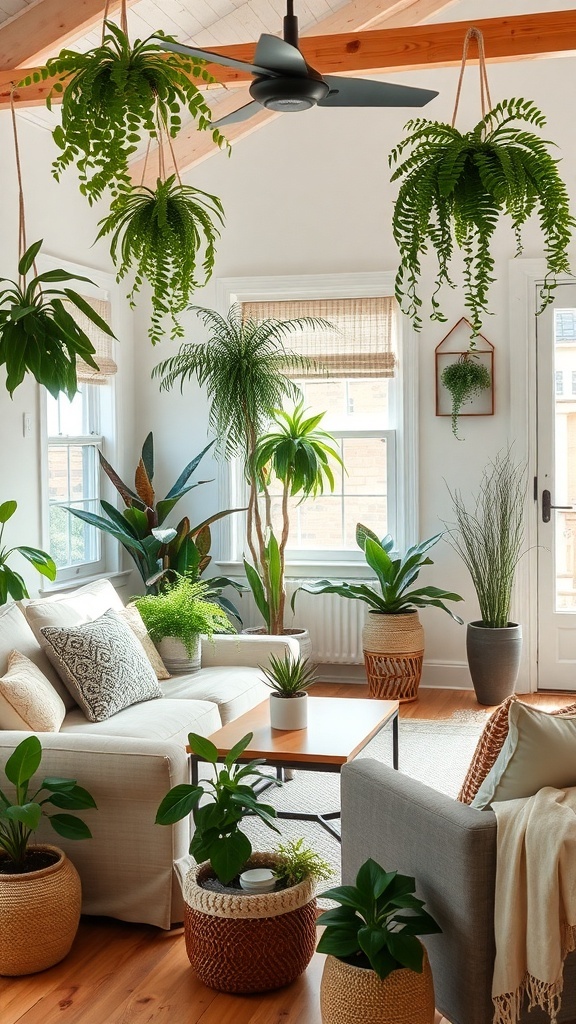 Cozy cottage living room filled with lush indoor plants