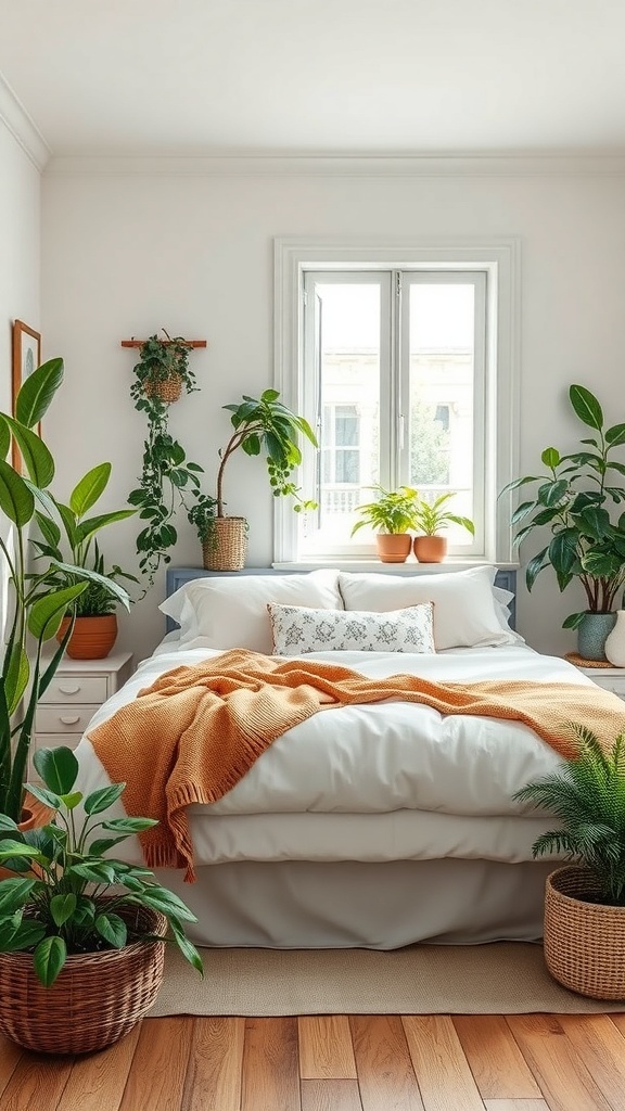 A cozy farmhouse bedroom with a bed, warm blanket, and various indoor plants in pots.