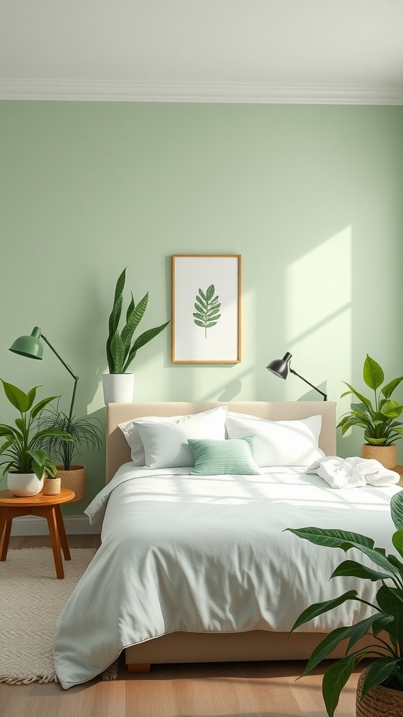 A light green bedroom with various indoor plants, a bed with white linens, and a framed leaf print on the wall.