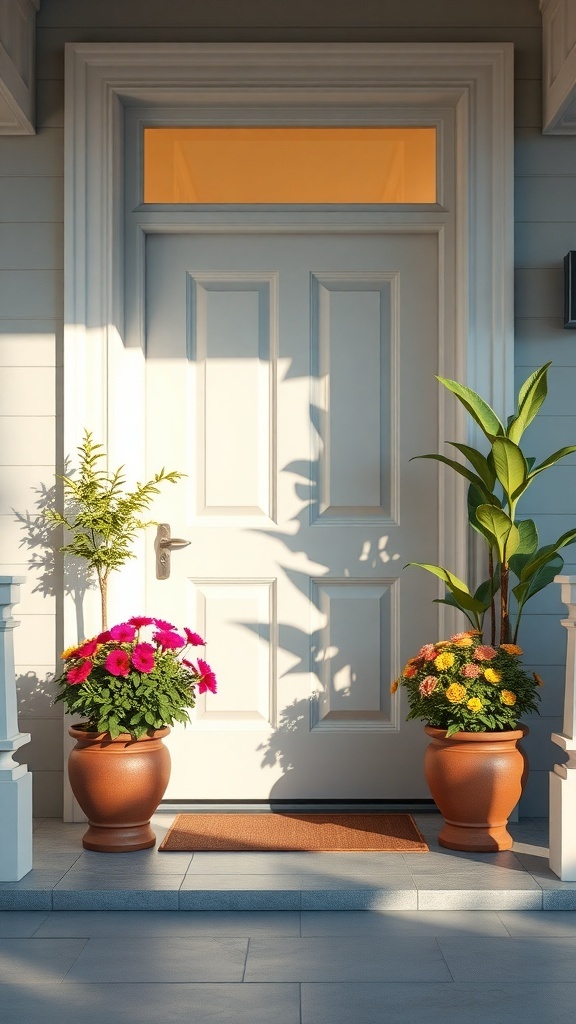 A front door with lush potted plants on either side, featuring vibrant pink and yellow flowers.