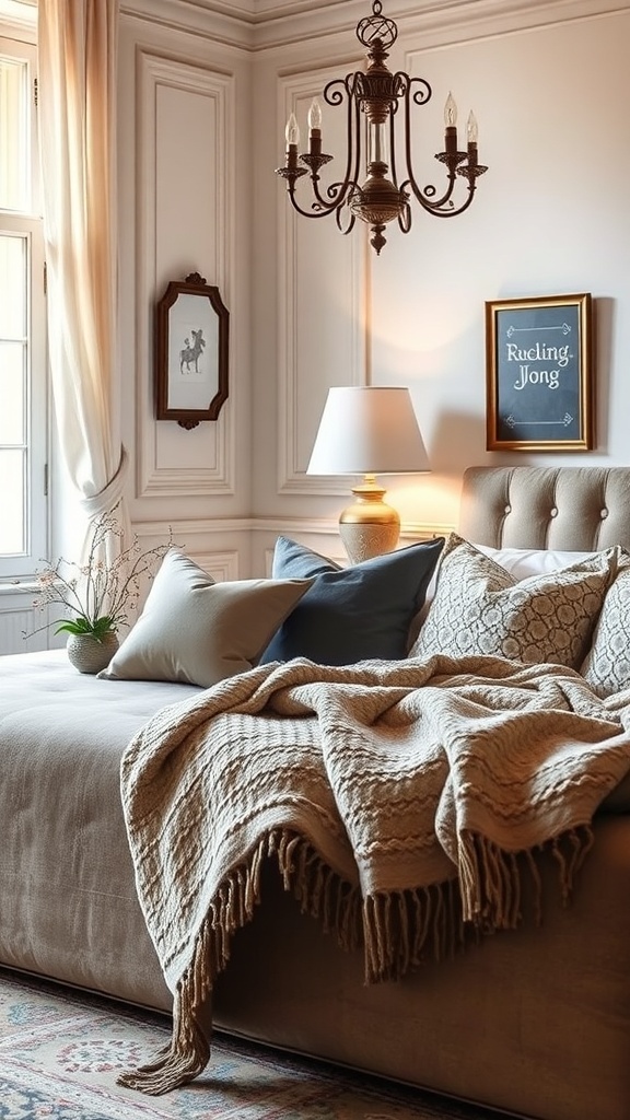 A cozy French bedroom featuring a plush bed with decorative pillows and a soft throw blanket, complemented by warm lighting and elegant decor.