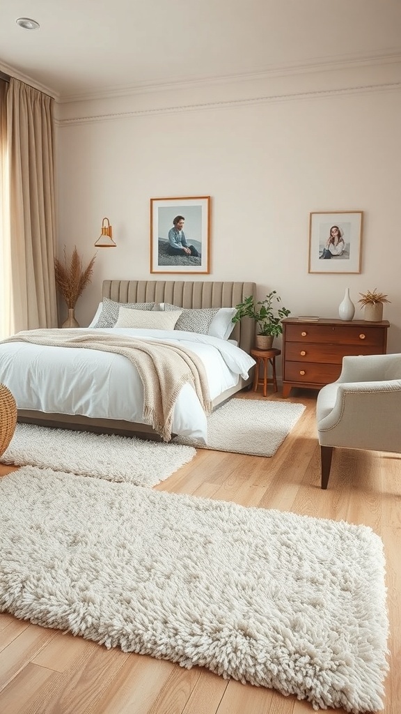 A cozy bedroom featuring a plush textured rug, soft bedding, and warm lighting.