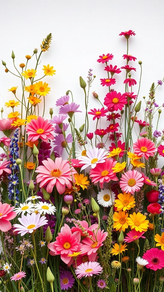 A vibrant wildflower backdrop featuring colorful daisies and diverse blooms.