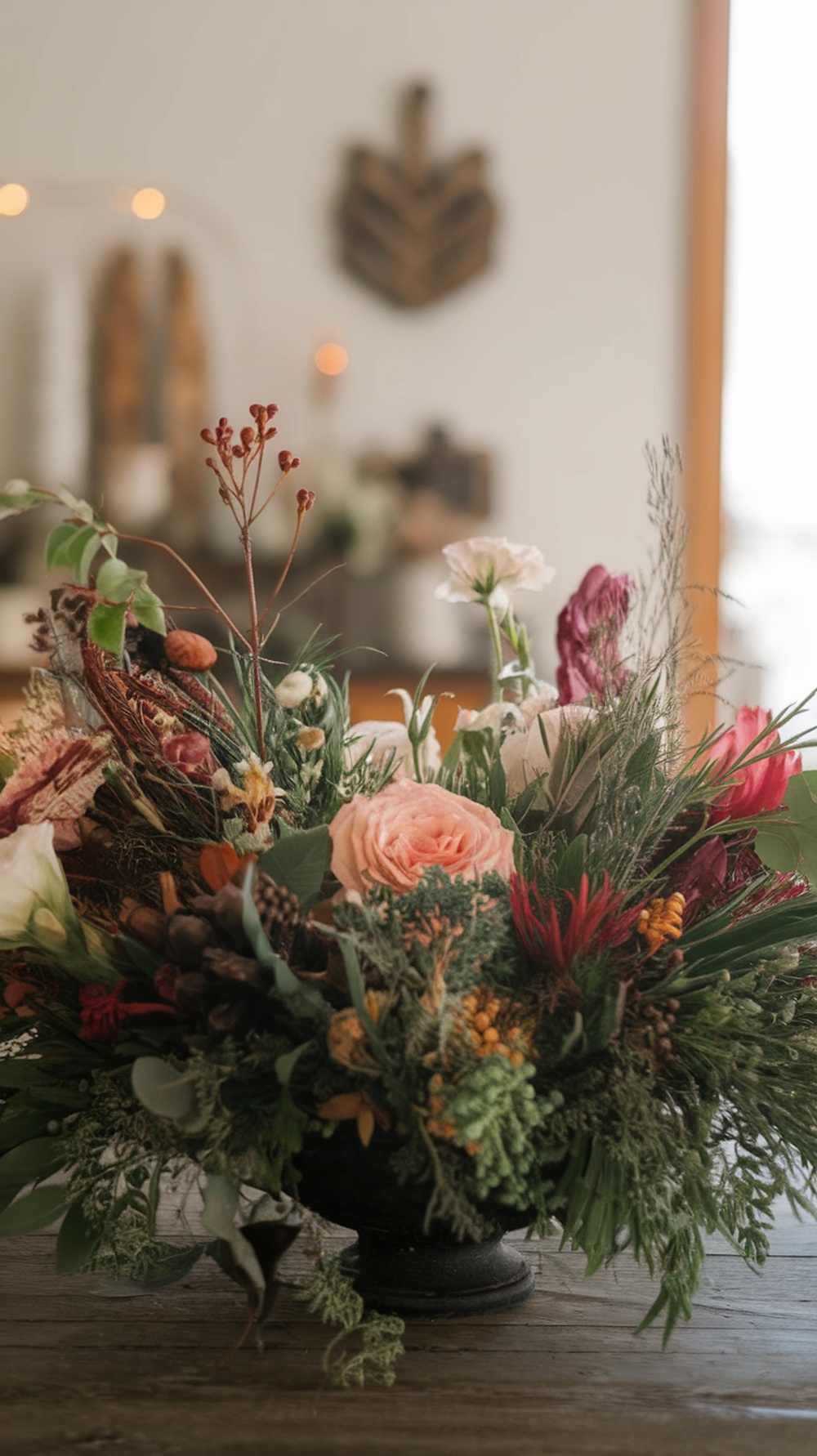 A lush winter flower arrangement featuring pink roses, red blooms, and assorted greenery in a dark vase.