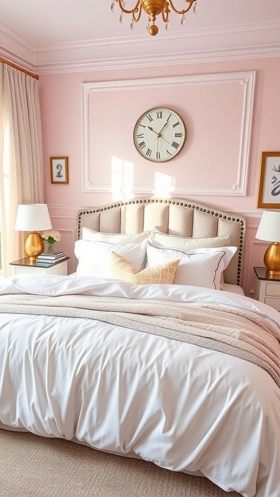 A stylish teen bedroom featuring luxe bedding layers with a white duvet, blush throw blanket, and decorative pillows.