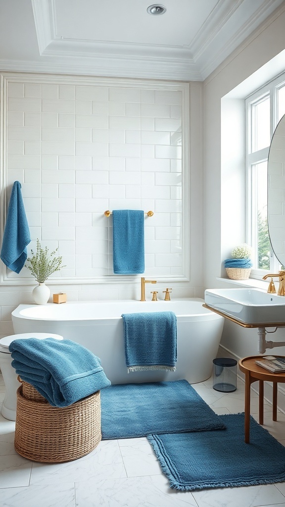 A stylish bathroom featuring blue textiles, including towels and rugs, against a white tiled backdrop.