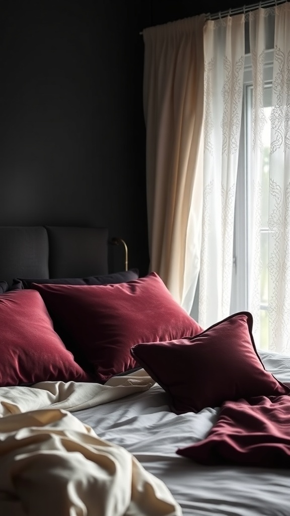 A dark feminine bedroom featuring burgundy pillows, soft bedding, and sheer curtains.
