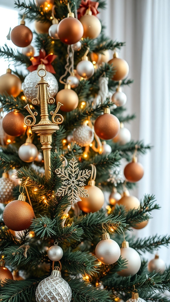 A beautifully decorated Christmas tree with gold and silver ornaments, featuring a snowflake ornament and a decorative tree topper.