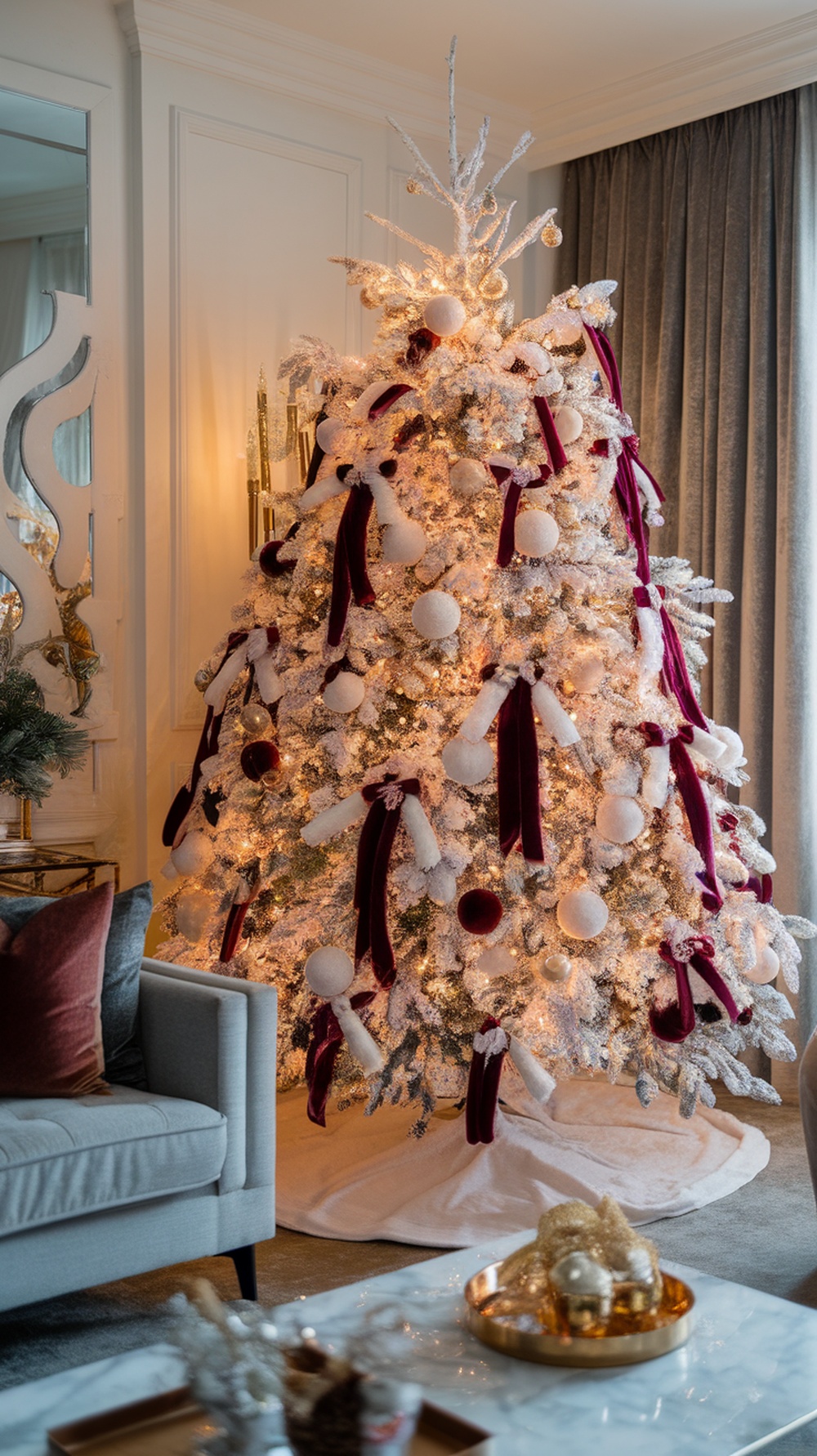 A beautifully decorated white Christmas tree with burgundy velvet ribbons and white ornaments, glowing warmly in a cozy living room.