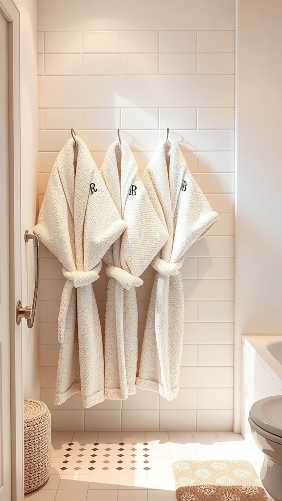 Three luxurious white bathrobes hanging in a cozy bathroom