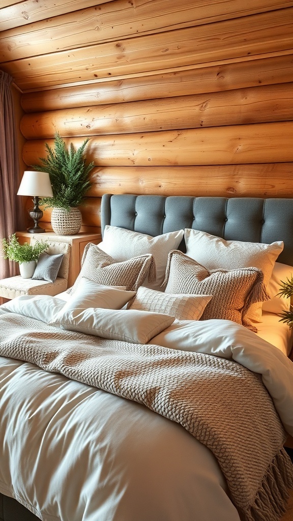 A cozy cabin bedroom featuring luxurious bedding layers with various textures and neutral tones.