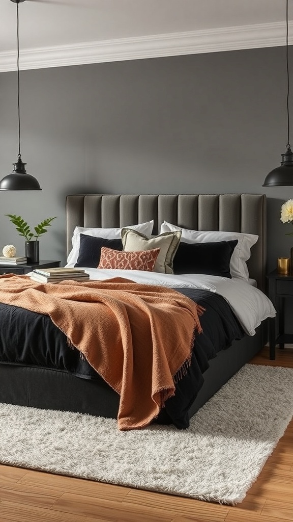 A stylish black bedroom featuring a tufted headboard, black bedding, and an orange throw blanket.