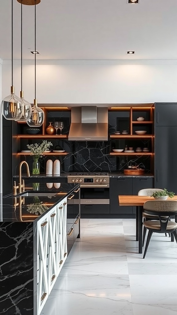 A modern kitchen featuring luxurious black marble countertops and backsplash, complemented by stylish lighting and wooden accents.