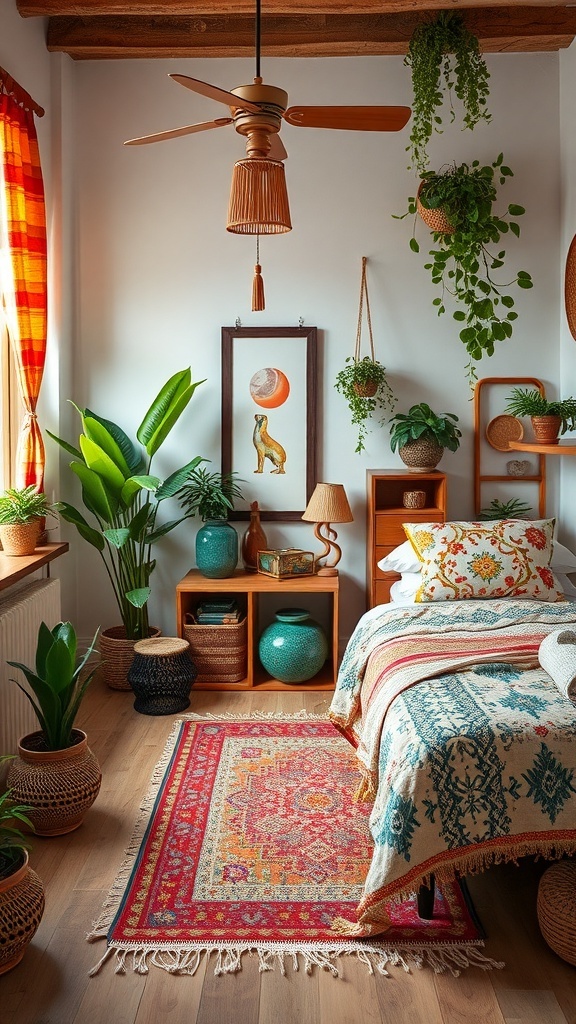 A cozy bedroom with bohemian decor, featuring plants, colorful textiles, and warm lighting.