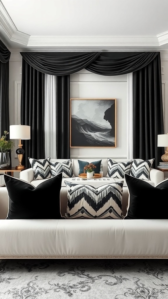Luxurious black and white living room featuring a white sofa with patterned cushions, black drapes, and elegant decor.