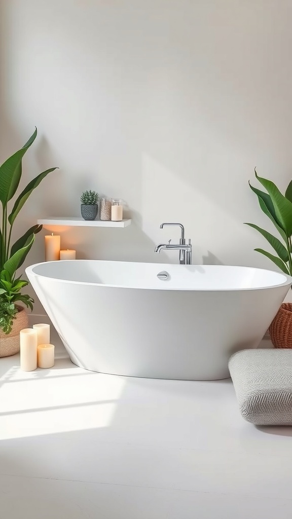 A modern freestanding bathtub surrounded by candles and plants in a serene bathroom setting.