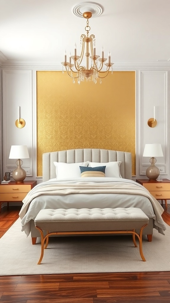 A luxurious bedroom featuring a gold accent wall, elegant chandelier, and stylish furniture.