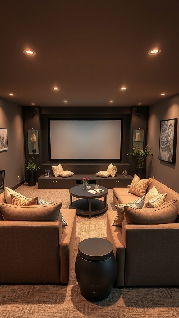 Luxurious home theater featuring plush seating, a large screen, and elegant decor.