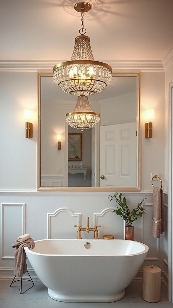 Luxurious bathroom with a chandelier and wall sconces