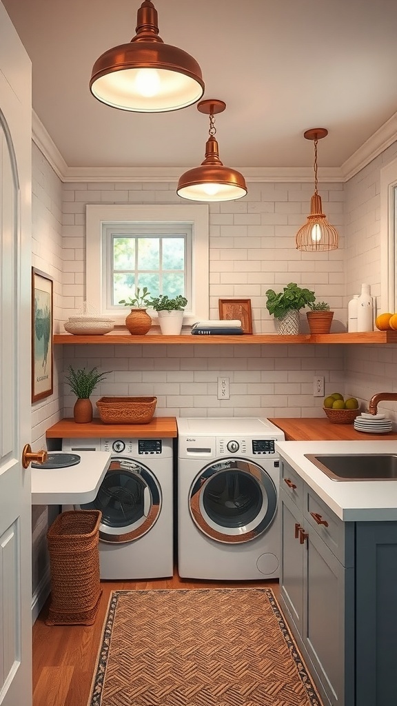 A stylish laundry room featuring copper lighting fixtures, white appliances, and wooden shelves.