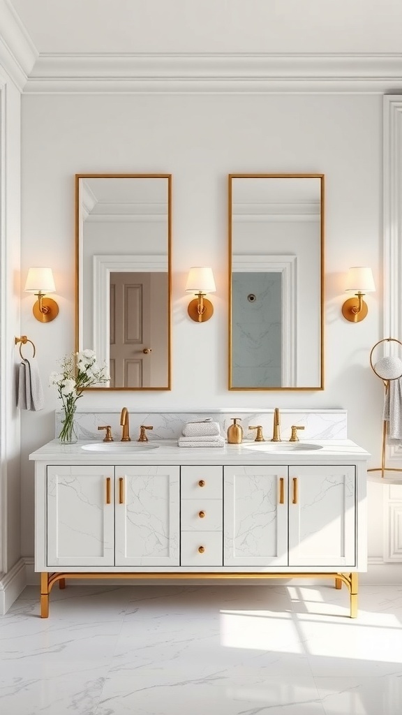 Luxurious dual vanity bathroom with marble top and gold fixtures