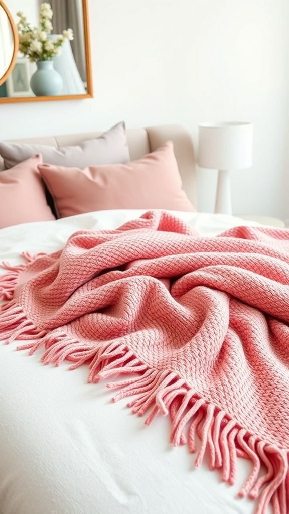 A cozy pink throw blanket draped over a bed with matching pillows and a lamp.