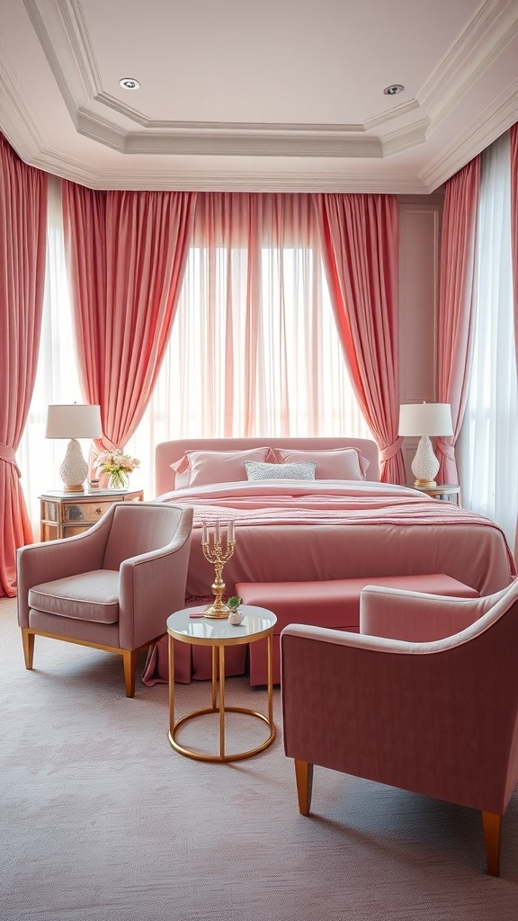 Luxurious pink bedroom featuring velvet textures, elegant curtains, and stylish furniture.