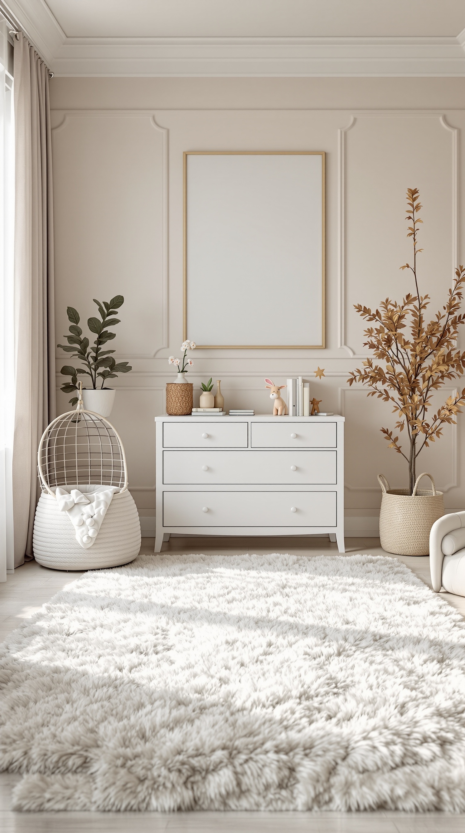 A cozy baby room featuring a plush white rug, a white dresser, and decorative plants.