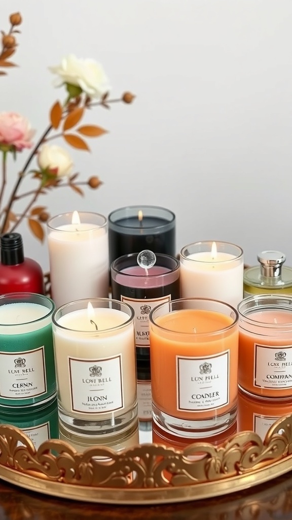 An assortment of luxurious scented candles displayed on a decorative tray.