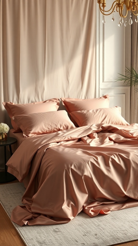 Luxurious silk bedding in a peach color with matching pillows, creating a warm and elegant bedroom atmosphere.