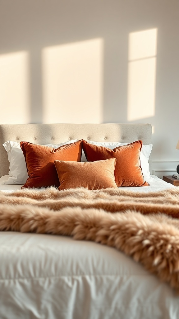 A cozy bed with orange velvet pillows and a fluffy throw blanket