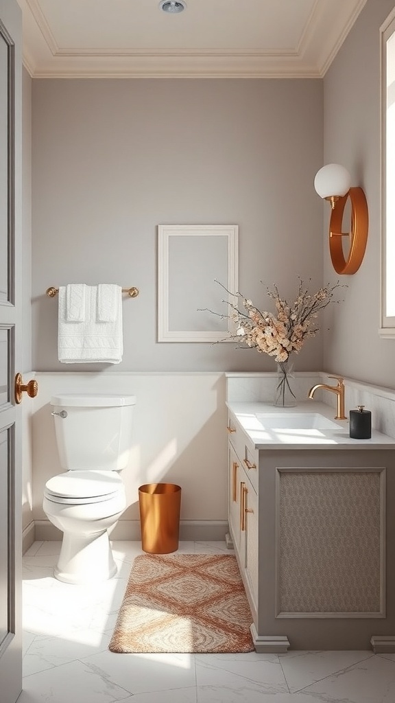 A stylish small powder room featuring a toilet, sink, and decorative elements, showcasing luxurious textiles.