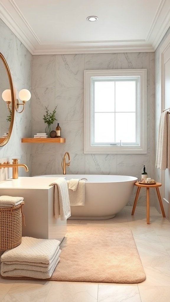 A luxurious bathroom featuring a freestanding tub, textured fabrics, and elegant fixtures.