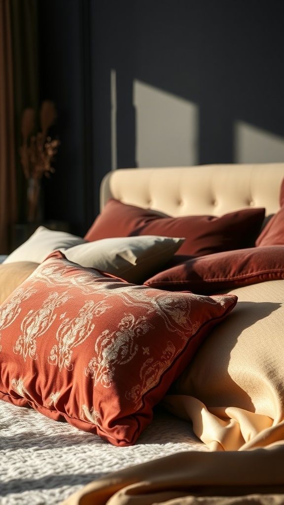 A close-up of a beautifully arranged bed with various textured pillows in warm tones, set against a dark wall.