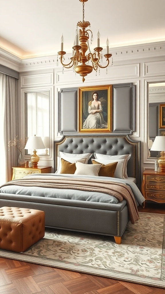 A luxurious bedroom featuring a grey bed frame with gold accents, elegant chandelier, and stylish decor.