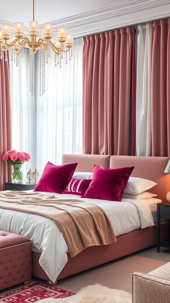 A beautifully decorated bedroom featuring velvet accents with pink pillows and elegant curtains.