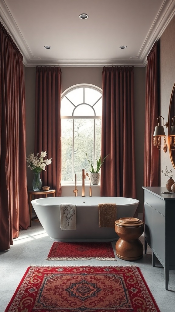 A bathroom featuring luxurious velvet drapes, a modern bathtub, and elegant decor.