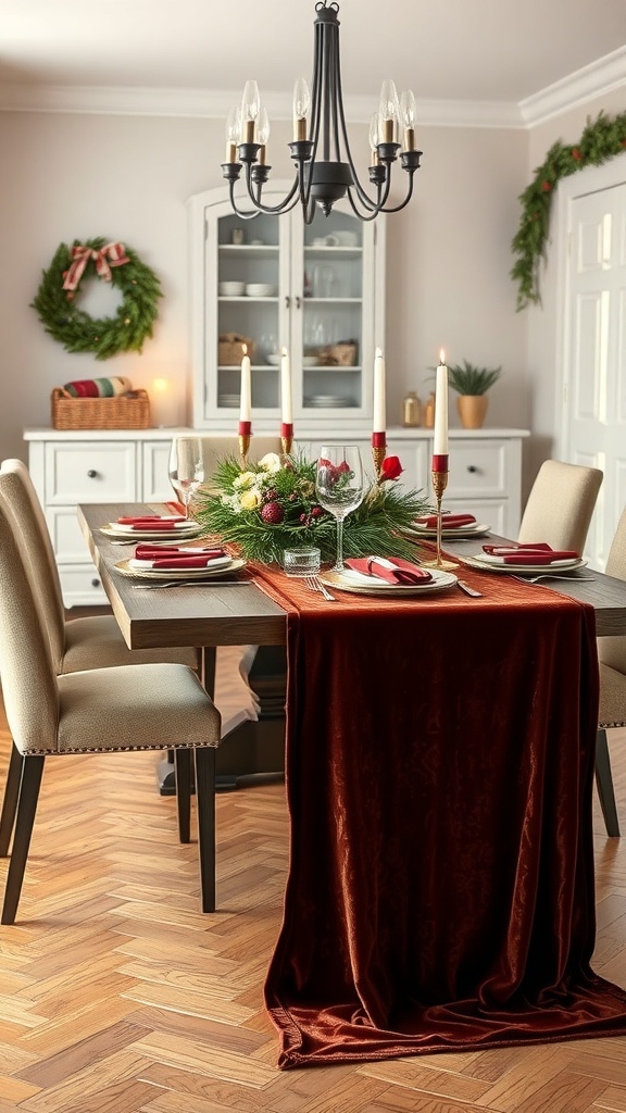 A beautifully set dining table with a luxurious velvet table runner, candles, and festive decorations.