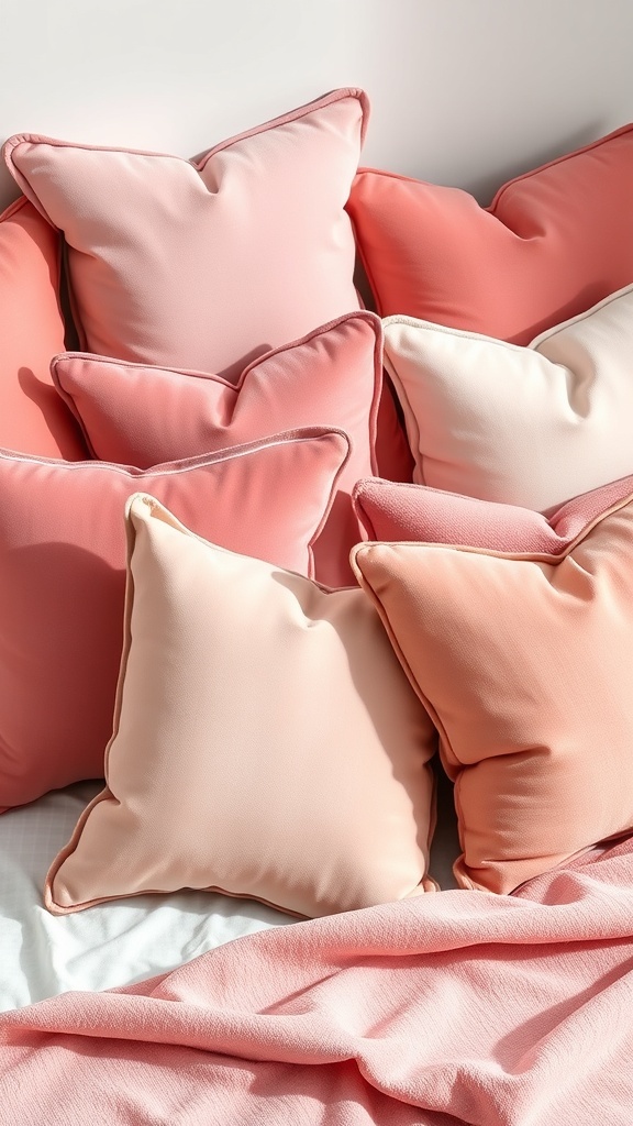 A collection of luxurious pink velvet throw pillows arranged on a bed