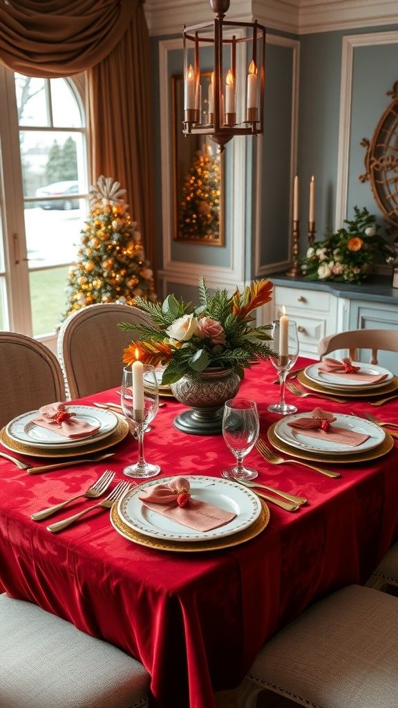 A beautifully set winter dining table with a red velvet tablecloth, elegant plates, and a floral centerpiece.