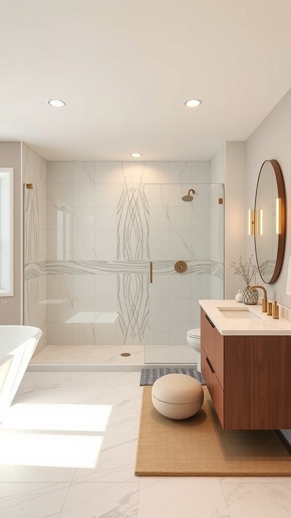 Luxurious walk-in shower in a modern basement bathroom with elegant tile work and a wooden vanity.