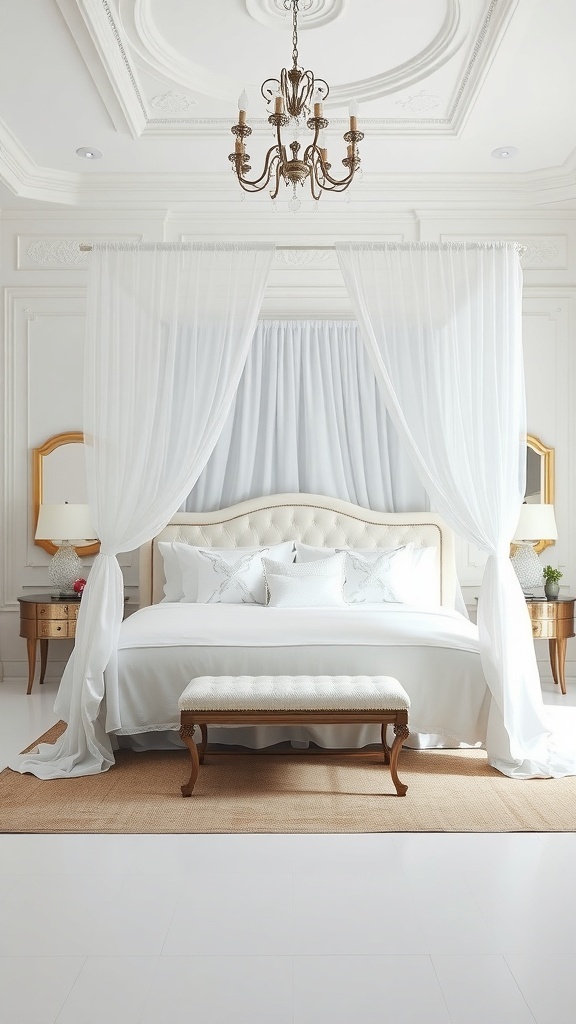 Luxurious white canopy bed with drapes, plush bedding, and elegant decor